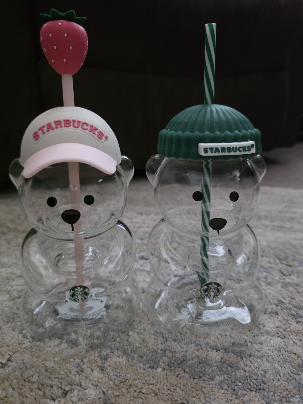 Starbucks Clear Bear Tumblers with Pink Strawberry and Green Beanie Lids
